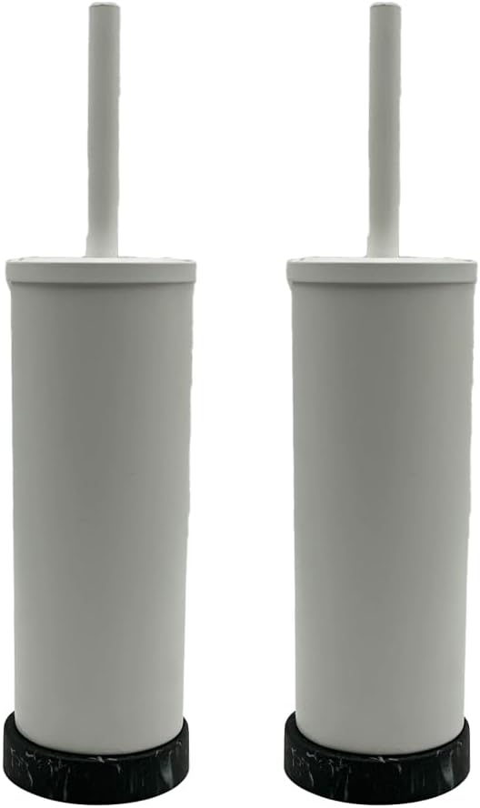 Toilet Bowl Cleaning Brush and Holder with Lid, Marble Base, 304 Stainless-Steel, Fingerprint-Proof, Rust Resistant, Heavy-Weight Base (2 Pack, White W/Black Marble)