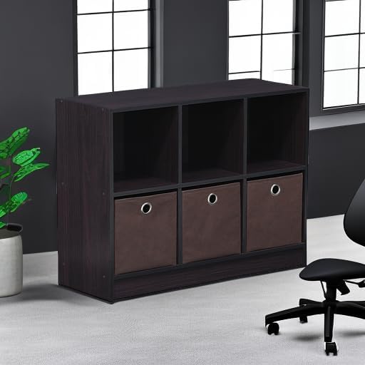Furinno BASIC Book Shelf, 6-Cube Bookshelf with Open Shelf, 3 x 2 Bookcase with Storage Bins, Closed Back, Horizontal, 11.9" x 31.6" x 23.6", for Living Room, Bedroom, Home Office, Dark Walnut
