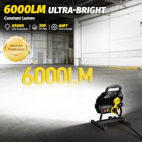 6000LM Hybrid LED Work Light, Dual-Power for Construction Garage - Image 4