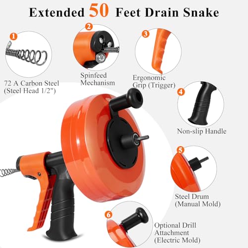 50 FT Drain Snake, Heavy Duty Sewer Snake, Auto-Feed Drain Auger - Image 5