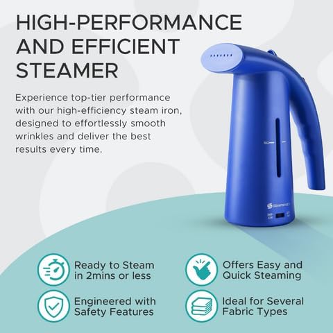 Steam & Go Portable Clothes Steamer - Compact Handheld for Shirts & Garments | Powerful Quick-Heating Corded Dual Voltage Travel Friendly - Blue