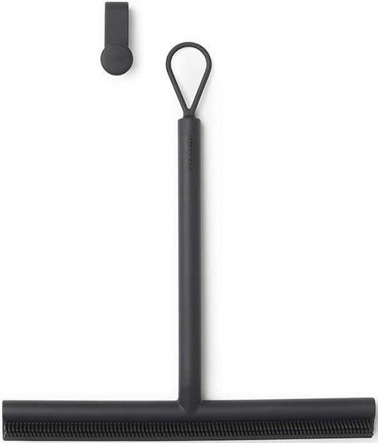 Brabantia Silicone Shower Squeegee with Hook (Dark Gray) Anti Streak Cleaning Wiper for Bathroom Glass, Plastic, Tile - Doublesided Brush & Rim Design