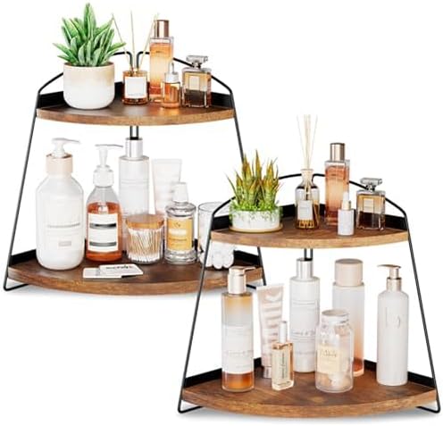 Puricon Bathroom Counter Organizer, 2 Tier Corner Countertop Storage Shelf Bathroom Sink Organizer, Wood Triangle Organization for Skincare Kitchen Vanitity -Brown, 2 Pack