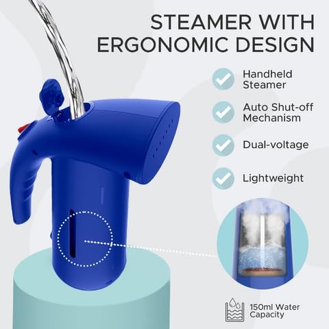 Steam & Go Portable Clothes Steamer - Compact Handheld for Shirts & Garments | Powerful Quick-Heating Corded Dual Voltage Travel Friendly - Blue