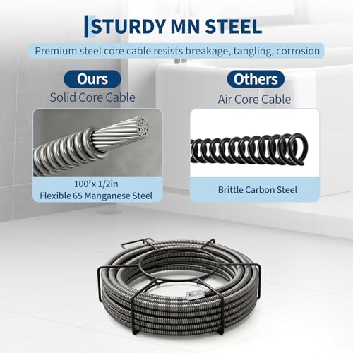 100ft Heavy-Duty 1/2" Solid Core Drain Snake Cable with 4 - Image 3