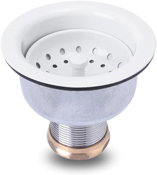 3-1/2 Deep Cup Kitchen Sink Drain Assembly, 304 Stainless Steel Construction With Fixed Post Basket and Long Extended Shank/CAS Approved and White Finish