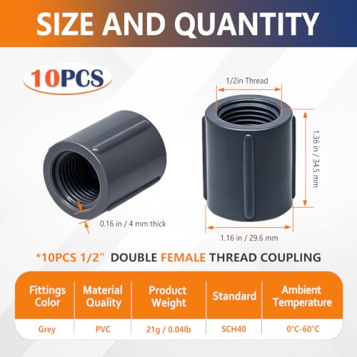 10PCS 1/2" PVC Gray Double Female Thread Coupling Adapter - Image 3