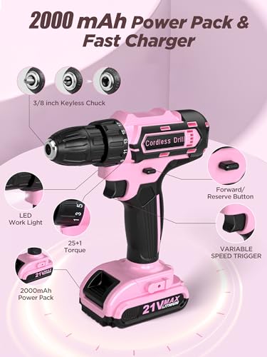 Pink Cordless Drill Set 202 Pcs, 21V Pink Power Drill Tool - Image 7