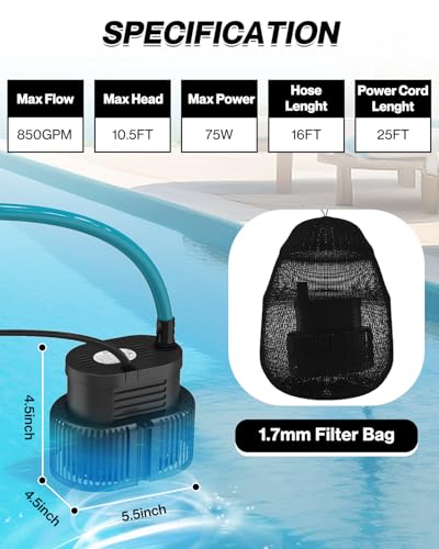 AgiiMan 850GPH Pool Cover Pump, Submersible Sump Pump above - Image 6