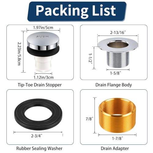 Tip-Toe Bathtub Drain Stopper Kit with Drain Adapter, Chrome - Image 3