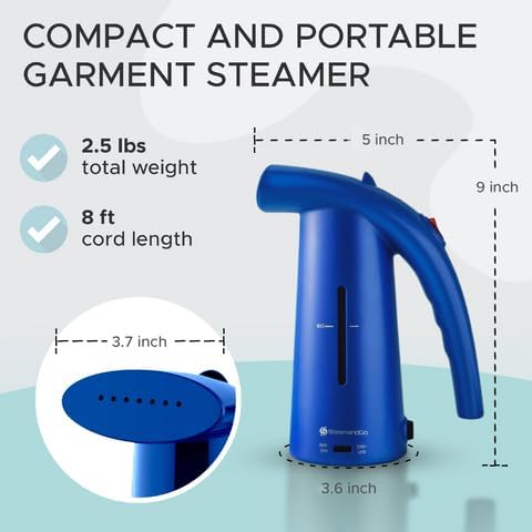 Steam & Go Portable Clothes Steamer - Compact Handheld for Shirts & Garments | Powerful Quick-Heating Corded Dual Voltage Travel Friendly - Blue