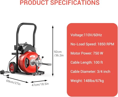 MAXSA 100Ft 3/4 Inch Drain Cleaning Machine, 750W Auto Feed Sewer - Image 4