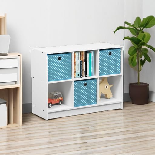 Furinno BASIC Book Shelf, 6-Cube Bookshelf with Open Shelf, 3 x 2 Bookcase with Storage Bins, Closed Back, Horizontal, 11.9" x 31.6" x 23.6", for Living Room, Bedroom, Home Office, White/Light Blue