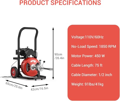 Garvee 75 ft x 1/2 in Drain Cleaning Machine, Sewer Auger Auto - Image 4