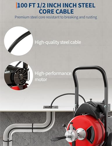 370W Electric Drain Cleaning Machine, 100FT x 1/2" Sewer Snake - Image 7
