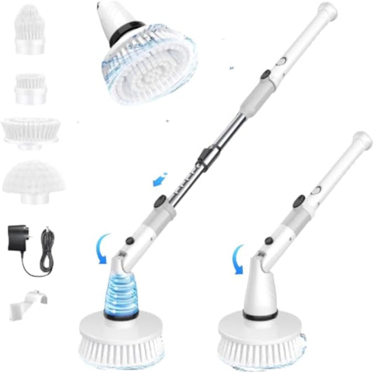 Electric Spin Scrubber - Cordless Cleaning Brush with 4 Heads & Extension Handle Power Shower Scrubber for Bathroom Kitchen Tile Floor