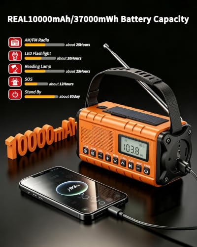 Hand Crank Emergency Radio Am Fm-10000mAh/37000mWh NOAA Weather - Image 6