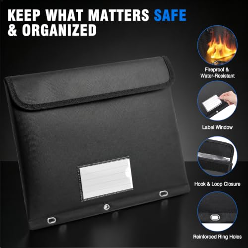 Fireproof 3 Ring Binder Pocket, Document Bag Side Loading, Black - Image 7