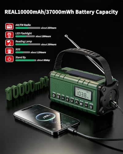 Hand Crank Emergency Radio Am Fm-10000mAh/37000mWh NOAA Weather - Image 6