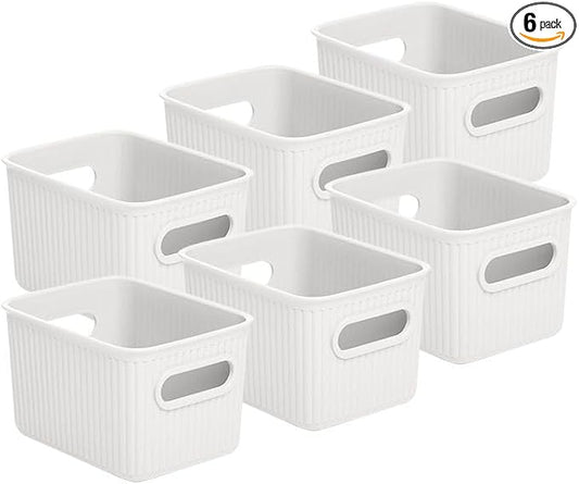 Superio Ribbed Collection - Decorative Plastic Basket Open Home Storage Bins Organizer, Small White (6 Pack) Container Boxes for Organizing Closet Storage Bins for Shelves Drawer Shelf 1.5 Liter