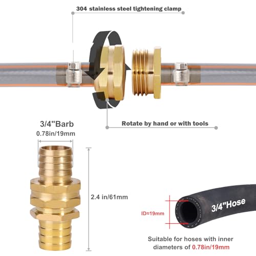 Solid Brass Garden Hose Repair Connector with Clamps Hose - Image 3