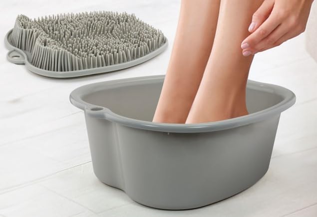 ZENVY Foot Bath Tub and Silicone Foot Scrubber Massage Mat Set for Soothing at-Home Relaxation (Foot Bath & Scrubber Mat)
