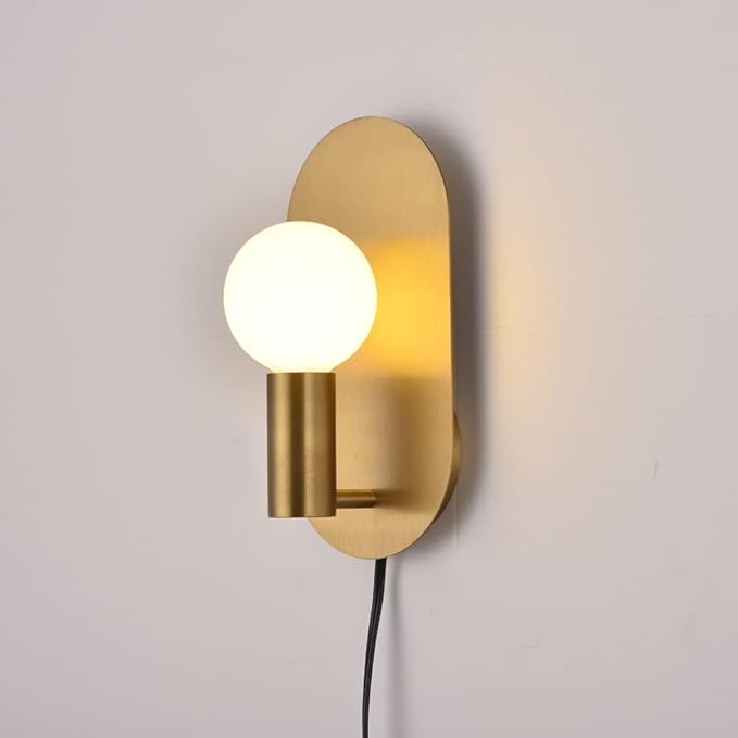Gold Plug in Wall Sconce Set of 2, Modern Sconces Wall Lighting Cord with On Off Switch, Brushed Stainless Steel Wall Mount Light Fixture for Bedroom Living Room Bathroom