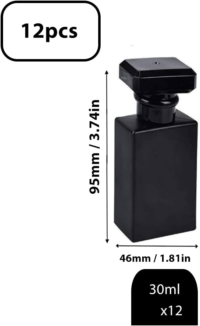 Glass Perfume Bottle Empty Refillable 12Pack Clear Travel Perfume Spray Atomizer Bottle 30ml Perfume Fine Mist Spray Perfume Bottle Atomizer Container with Sprayer Applicator (Black Square 30ml 12PCS)