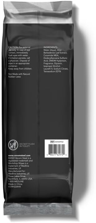 Venom Steel Workshop Wipes with Scrubbing Beads, for Grease, Grime, Oil, Paint and Caulk, Safe on Hands, Tools, and Non Porous Surfaces, Light Citrus Scent, 8" x 12" Cloths, 60 Wipes (Pack of 8)