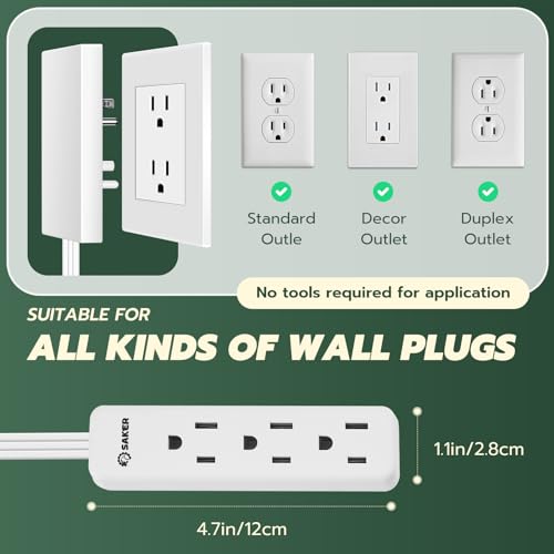 Saker Outlet Cover with Flat Extension Cord, 3-Outlet Extender - Image 6