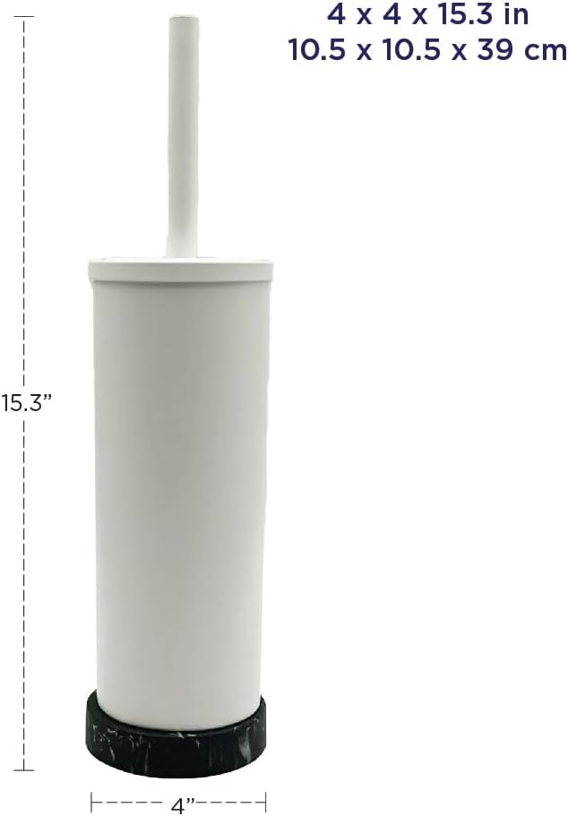 Toilet Bowl Cleaning Brush and Holder with Lid, Marble Base, 304 Stainless-Steel, Fingerprint-Proof, Rust Resistant, Heavy-Weight Base (1 Pack, White W/Black Marble)