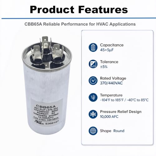 45+5 µF 45/5 MFD ±6% 370V/440VAC CBB65 Dual Run Circular Start - Image 5