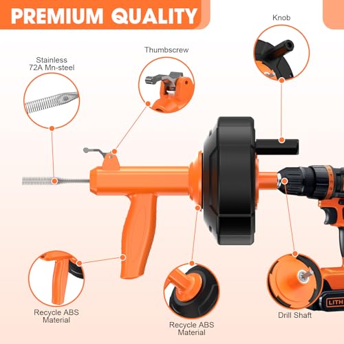 Drain Snake, Auto Feed Drain Auger with Drill Attachment - Image 6