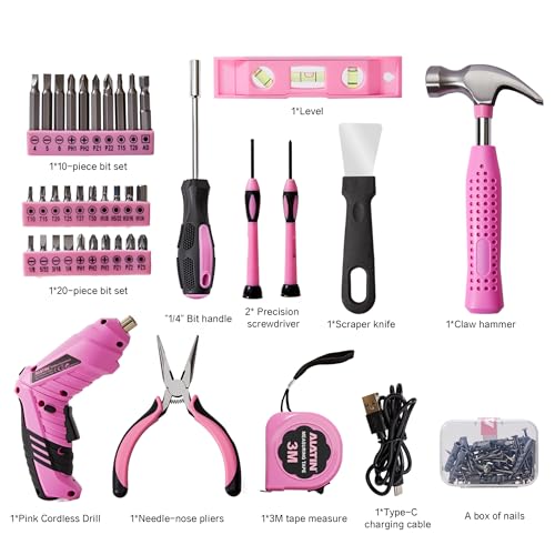 Pink Cordless Screwdriver Tool Set, 40-Piece Household | Hand Tools - Image 4