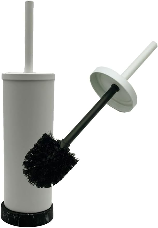 Toilet Bowl Cleaning Brush and Holder with Lid, Marble Base, 304 Stainless-Steel, Fingerprint-Proof, Rust Resistant, Heavy-Weight Base (1 Pack, White W/Black Marble)