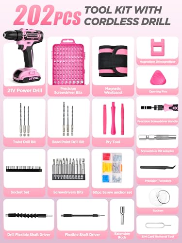 Pink Cordless Drill Set 202 Pcs, 21V Pink Power Drill Tool - Image 3