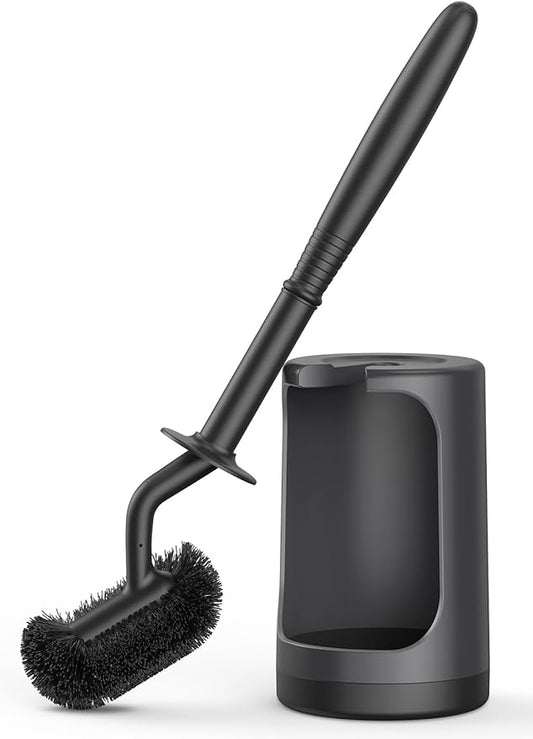 HAMITOR Toilet Bowl Brush Holder Set: Curved Design with Holder for Deep Cleaning Under Rim - Compact Hidden Scrubber for Small Space - Modern RV Bathroom Accessories - Black