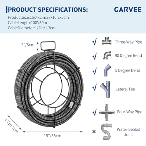 100ft Heavy-Duty 1/2" Solid Core Drain Snake Cable with 4 - Image 5