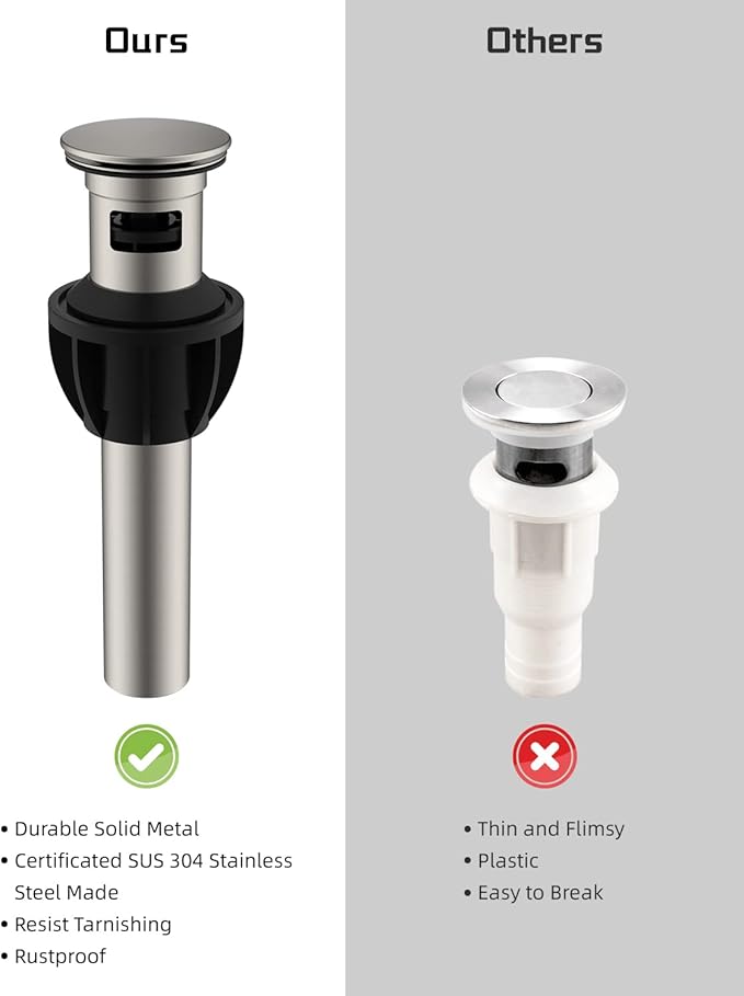 Hibbent 2 Pack Metal Bathroom Sink Drain with Overflow, Push and Seal Pop Up Drain Stopper, Stainless Steel Vessel Lavatory Vanity Sink Drain Stopper, Anti-Clogging Strainer, Brushed Nickel