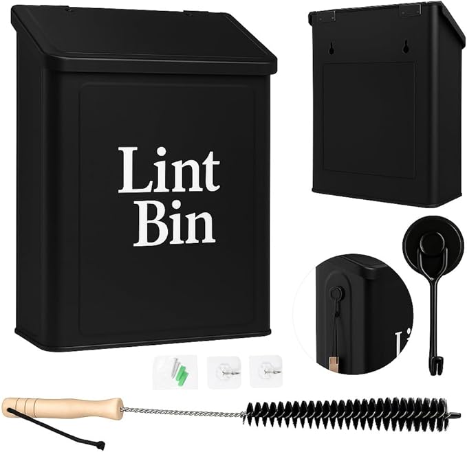 Magnetic Lint Bin for Laundry Room Organization & Storage, Wall-Mounted Dryer Lint Bin Trash Can with Lid, Lint Box Includes Brush, 2 White Hooks, 1 Black Hook, Screws & Magnet Glue (Black)
