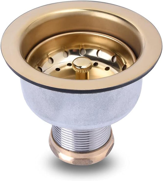 3-1/2 Deep Cup Kitchen Sink Drain Assembly, 304 Stainless Steel Construction with Fixed Post Basket and Long Extended Shank/CAS Approved and Venetian Gold Finish