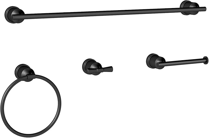 YUMORE Matte Black Bathroom Accessories Set, 4 Pieces Bathroom Hardware Set, Towel Bar Set Stainless Steel Wall Mounted, Towel Racks for Bathroom, Robe Towel Hooks, Toilet Paper Holder