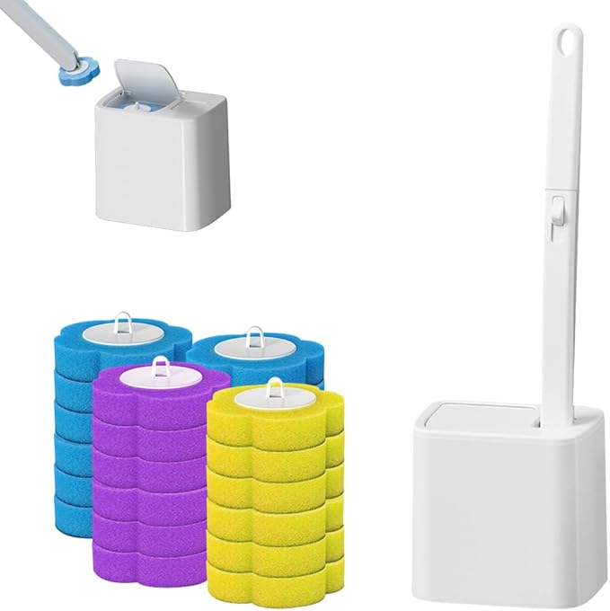 Disposable Toilet Brush with 24 PCS Replacement Heads, Disposable Toilet Bowl Cleaner Wand, Automatic Lid Opening, Toilet Wand Kit, Disposable Toilet Brush Refills, White