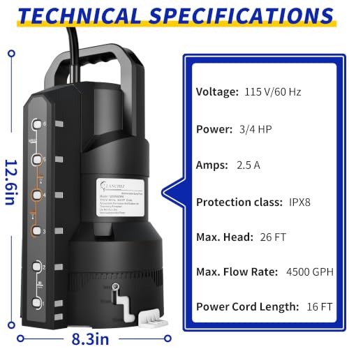 LANCHEZ Sump Pump with 6 Modes, Clean/Dirty Submersible Water - Image 3