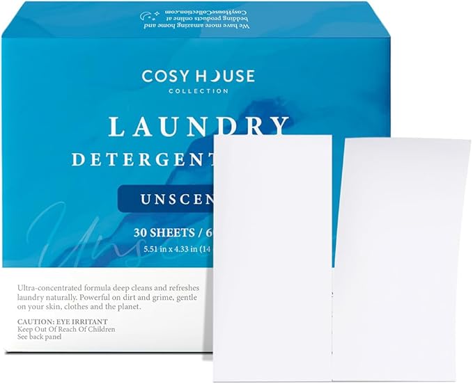 Cosy House Collection Laundry Detergent Sheets – Unscented, 30 Sheets for 60 Loads, Travel-Friendly & Liquidless Technology, Powerful Cleaning