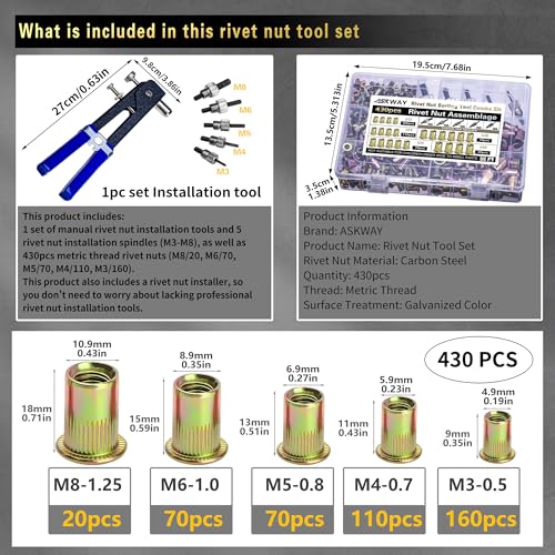 Pressure Rivet Nut Tool Kit, 430Pcs Metric Rivet Nut Combination - Image 3