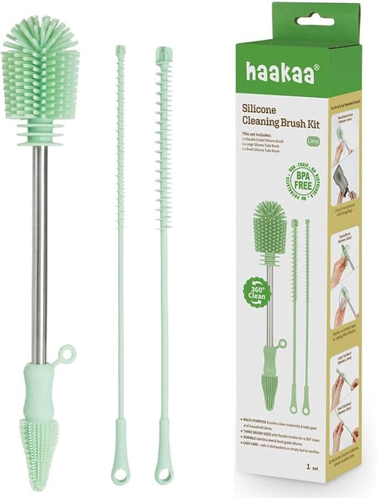 Haakaa Silicone Cleaning Brush Kit – Household Cleaning Brushes for Bottles and Crevices – Food-Grade Silicone: Dishwasher Safe (Kit-Lime)
