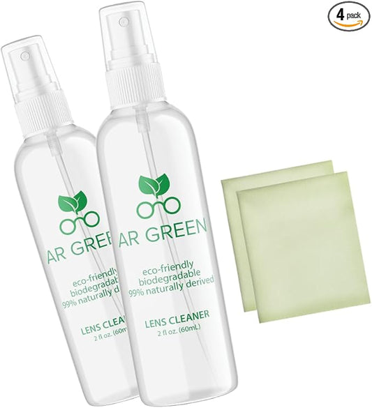 AR Green Eco Friendly Lens Cleaner, Biodegradable Lens Cleaning for Eyeglasses, Lenses, Screens, Streak Free, Two 2oz Spray Bottles, Two Microfiber Cleaning Cloths (Pack of 4)