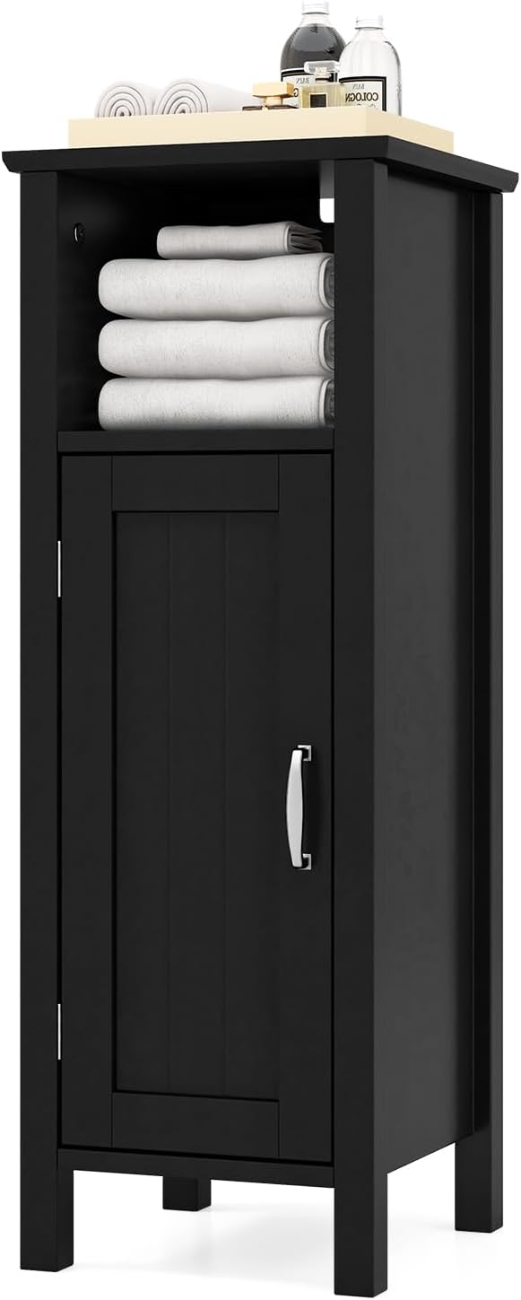 HAPPYGRILL Bathroom Floor Cabinet, Narrow Organizer Console Table Nightstand w/Adjustable Inner Shelves, Freestanding Storage Cabinet for Living Room Kitchen Entryway (Black)