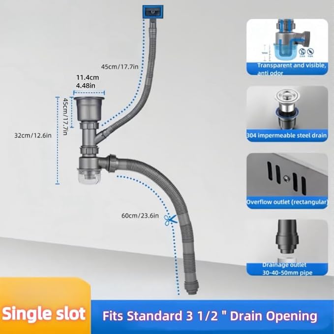 One Sink Kitchen Drainage Kit Space Saving Flexible Drain Pipe Flexible P-Trap Drain Strainer with 3-1/2 Inch Kitchen Sink Drain Assembly kit，Suitable for Kitchen, Bathroom, RV